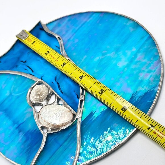 Stained Glass Blue Abstract Round Suncatcher Natural Shells Silver Accent Vtg - Picture 4 of 9